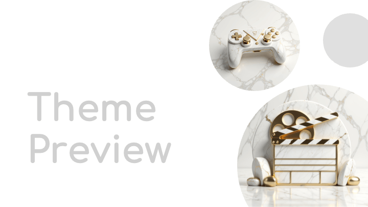 Light gray marble texture with gold metallic 3D objects in circular frames